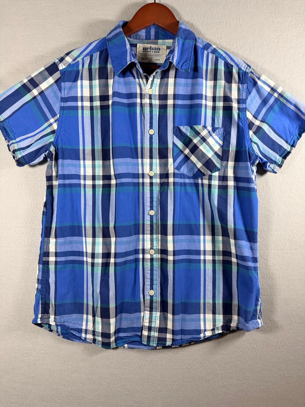 Urban Pipeline Mens Large Blue Plaid Short Sleeve Button Up Shirt Cotton